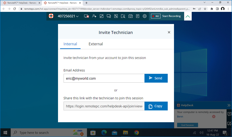 Servicio de asistencia RemotePC